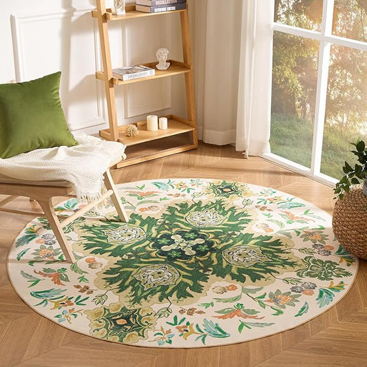 Phantoscope Washable Round Area Rug 6ft Non-Slip, Vintage Boho Rugs for Living Room, Bedroom, Dining Room, Neutral Green Floral Medallion Pattern, Low-Pile Foldable Floor Carpet, Forest Green/Cream