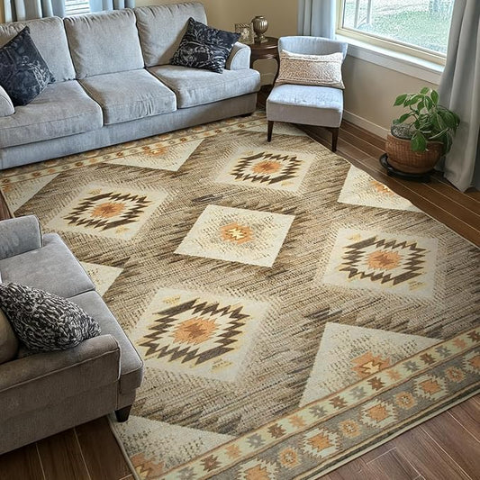 Area Rug 8x8 Rug Machine Washable Non-Slip Low Pile Print Pattern Western Rug for Living Room Bedroom Entryway Tribal Series -Cream/Camel