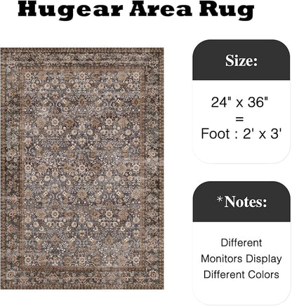 HUGEAR 2x3 Small Rug Machine Washable Area Rug Tradition Brown Entryway Rugs Entrance Door Mat Indoor Accent Rugs Floral Low Pile Carpet Distressed Throw Rug Kitchen Bedroom Office Non Slip