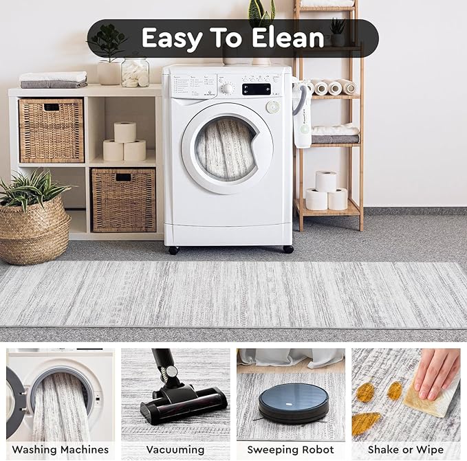 2x8 Runner Rug Machine Washable Non Slip Area Rug Distressed Neutral Moroccan Boho Rug Ultra Soft Floor Runners for Hallways for Entryway Laundry Room Kitchen, Grey