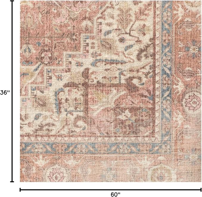 RUGGABLE Washable Area Rug – Kamran Rose Pink 3x5, Stain-Resistant, Non-Slip – Small Machine Washable Rugs for Living Room, Bedroom, Hallway, Entryway & Office–with Standard Pad