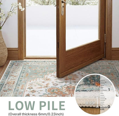 GENIMO 5X7 Area Rugs for Living Room, Machine Washable Vintage Floor Cover Foldable Modern Non Slip Rug, Low Pile Soft Indoor Carpet Floral Print Mat Rug,Bedroom/Dining Room/Home Office, Mint Green