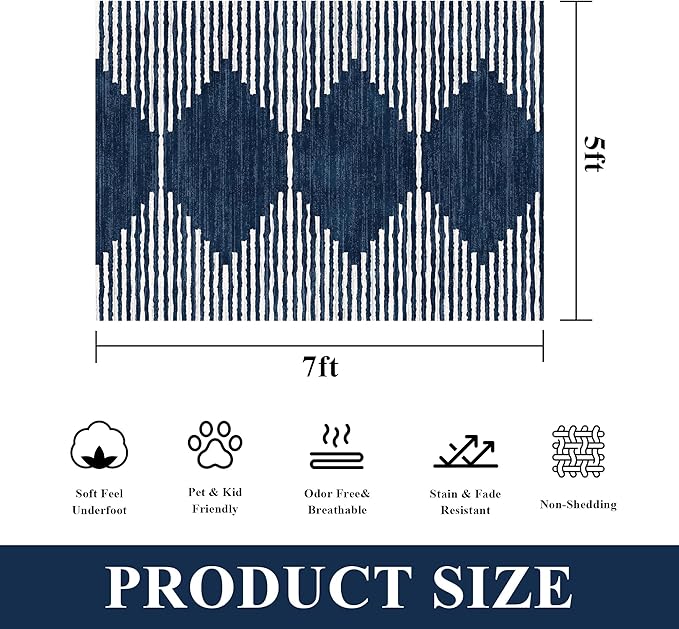 HelloTree Area Rug for Living Room 5x7 Washable Geometric Moroccan Rug Stripe Farmhouse Bohemian Minimalistic Non Slip Non Shedding Ultra Thin Soft Rug for Bedroom Office DiningRoom Nursery-Blue