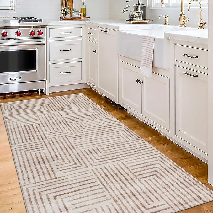 ReaLife Rugs Machine Washable Area Rug Runner - Living Room Bedroom Bathroom Kitchen Entryway Office - Non-Slip Baking Low Pile Stain Resistant Premium - Modern Geometric - Finn - Beige 2'6" x 8'
