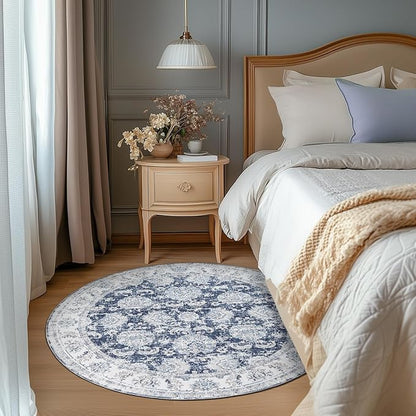 jinchan Fiora Round Rug 4ft Area Rugs Vintage Floral Distressed Design - Machine Washable Non-Slip Low-Pile Ultra-Thin Circle Rug for Entryway Bedside Living Room Bedroom (4' Round, Dark Blue)