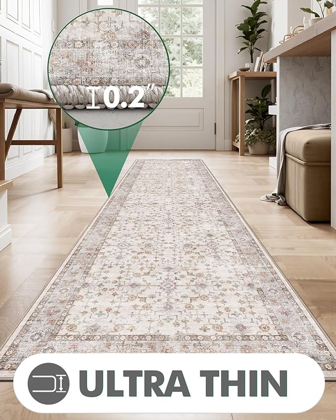 LUMI Runner Rug 3x7, Washable Non-Slip Hallway Throw Rugs, Long Soft Thin Vintage Oriental Kitchen Mats, Low-Pile Indoor Kitchen Entryway Area Rug, Beige