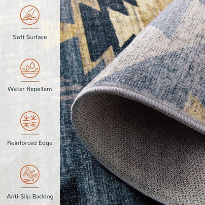 BESTSWEETIE Area Rug 8x10 Rug Machine Washable Non-Slip Low Pile Print Pattern Western Rug for Living Room Bedroom Navy/Grey