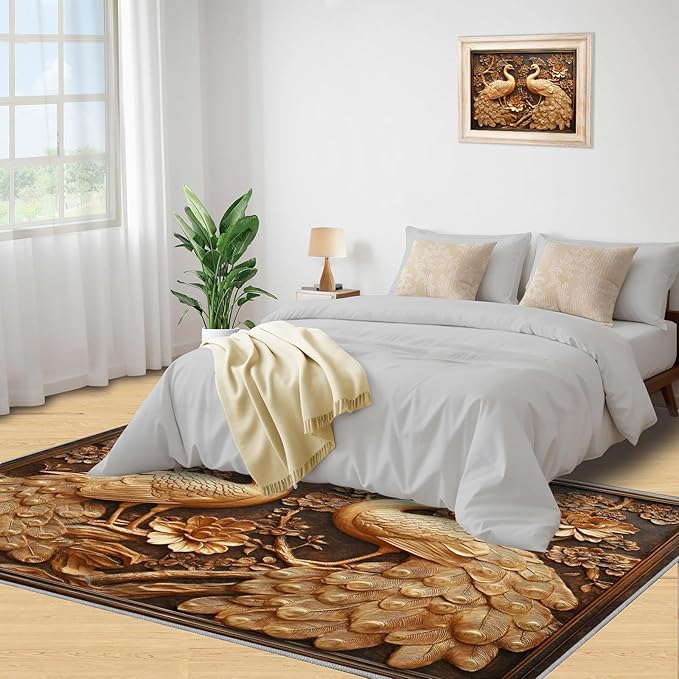 Peacock Rugs for Bedroom - 6x9 Rug, European Style Area Rugs for Living Room, Peacock Decor Carpet, Gold Peafowl Washable Area Mat, Luxury Carpet - Peafowl Home Decor & Gifts