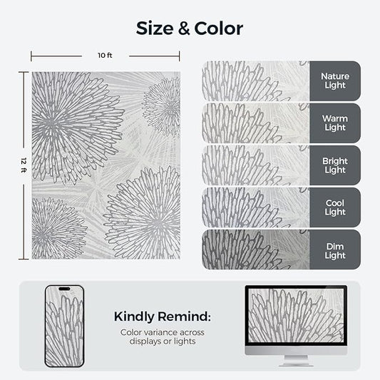 WITSHOCK 10x12 Washable Rug for Living Room,Modern Floral Distress Print Pattern Area Rugs,Stain Resistant with Non Slip Backing Carpet for Dining Room,Bedroom & Home Decor,Grey White