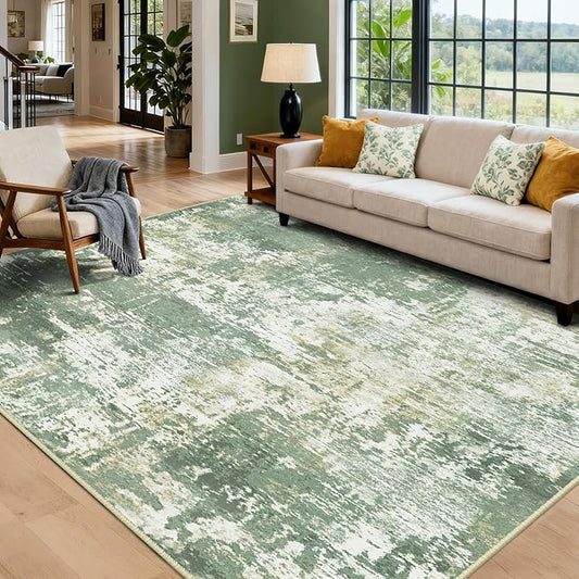 Washable Area Rugs 9'x12' Non-Slip Modern Abstract Soft for Living Room Entryway Bedroom Nursery, Print Pattern, Light Green/Yellow