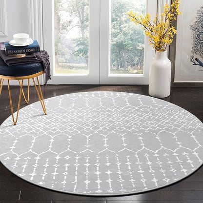 Lahome Moroccan Round Rugs 6Ft Washable Circle Area Rug for Living Room Grey Non-Slip Stain Resistant Dining Room Rug Large Circle Rug, Modern Geometric Print Indoor Round for Bedroom Entryway