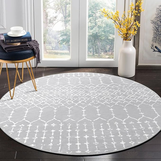 Lahome Moroccan Round Rugs 6Ft Washable Circle Area Rug for Living Room Grey Non-Slip Stain Resistant Dining Room Rug Large Circle Rug, Modern Geometric Print Indoor Round for Bedroom Entryway