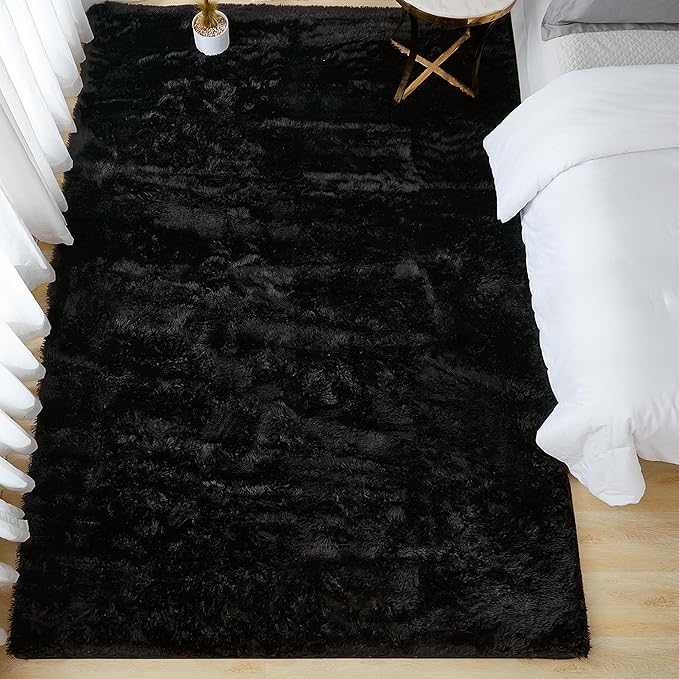Andency Black Area Rugs 9x12 for Living Room Home Decor, Large Shaggy Bedroom Carpet, Non-Slip Big Shag Indoor Thick Soft Fluffy Furry Fur Area Rugs for Kids Dorm Nursery Aesthetic