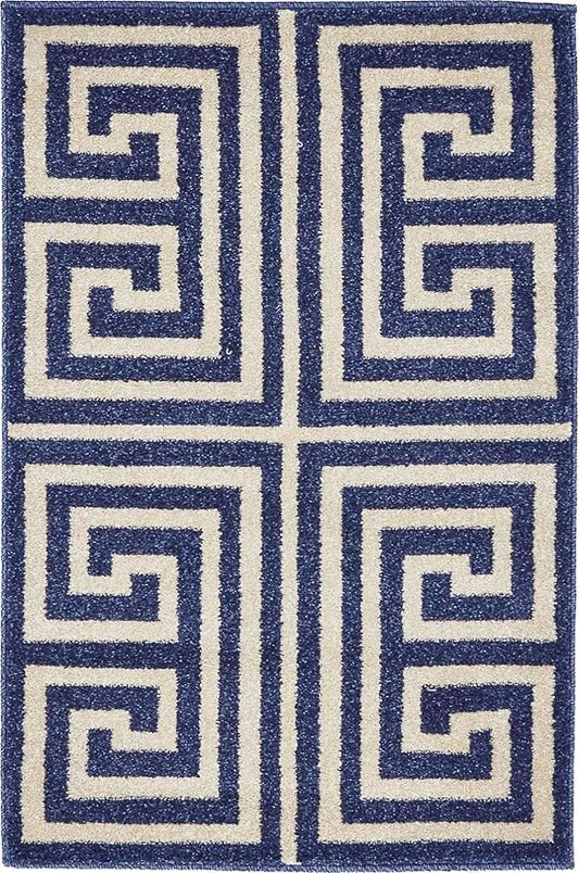 Unique Loom Athens Collection Classic Geometric Modern Border Design Area Rug (2' 0 x 3' 0 Rectangular, Navy Blue/ Beige)