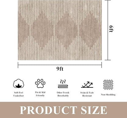 HelloTree Area Rug for Living Room 6x9 Washable Geometric Moroccan Rug Stripe Farmhouse Bohemian Minimalistic Non Slip Non Shedding Ultra Thin Soft Rug for Bedroom Office DiningRoom Nursery-Khaki
