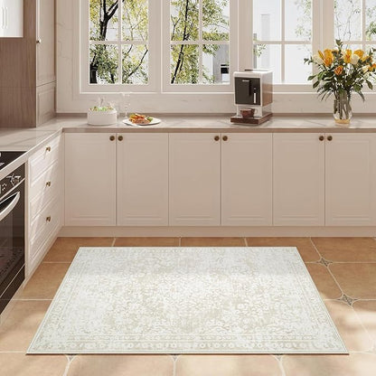Area Rug 2x3 Entryway Rugs - Machine Washable Vintage Boho Area Rug Non-Slip Kitchen Rugs Soft Stain Resistant Indoor Door Mat, Small Floral Throw Rug for Entrance Hallway Bedroom(Cream Beige, 2'x3')