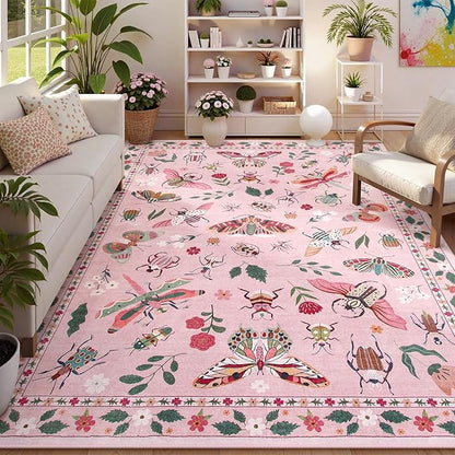 Lahome Insect 9x12 Area Rugs for Living Room Bedroom, Soft Washable Rugs 9x12 Stain Resistant, Ultra-Thin Non-Slip Non-Shedding Accent Carpet for Dining Room Office, Pink