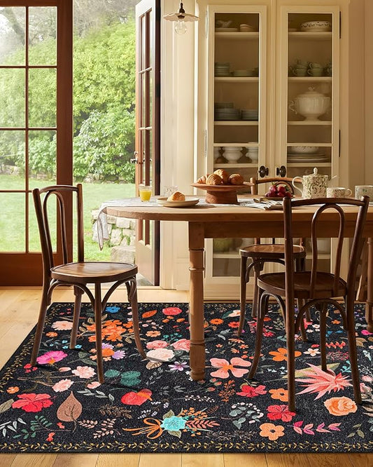 Boho Washable Area Rug 6x9 for Living Room, Bedroom, Office, Playroom, Kitchen or Dining Room, Soft Floral Carpet for Indoor Use, Easy Care Non-Slip Design (Black)
