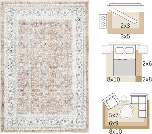 jinchan Floral 3x5 Area Rugs for Entryway - Orange Vintage Distressed Design Doormat Non-Slip Ultra-Thin Low Pile Boho Rug for Kitchen Living Room Bedroom Farmhouse (3‘x5', Orange)