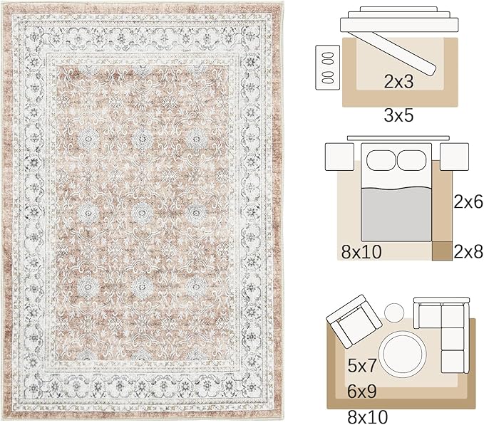 jinchan Floral 5x7 Area Rugs for Bedroom - Machine Washable Vintage Distressed Boho Design Throw Rug Stain Resistant Carpet Low-Pile Thin Non-Slip for Nursery Living Room Dining Room (5‘x7', Orange)