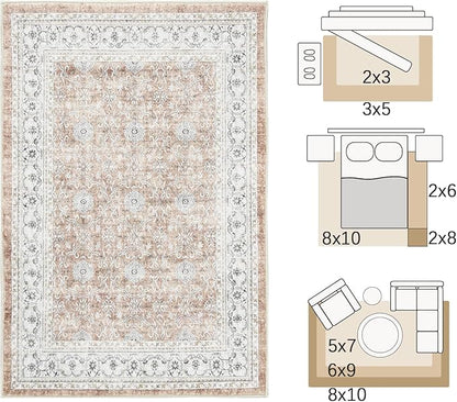 jinchan Floral 5x7 Area Rugs for Bedroom - Machine Washable Vintage Distressed Boho Design Throw Rug Stain Resistant Carpet Low-Pile Thin Non-Slip for Nursery Living Room Dining Room (5‘x7', Orange)