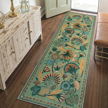 Floral Kitchen Rugs, 2.5X8 Green Runner Rug for Hallway, Non Slip Rugs for Entryway, Washable Carpet Runner with Rubber Backing, Vintage Rug for Bathroom Bedroom Indoor