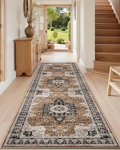 DEXI Hallway Runner Rug 3x10, Distressed Non Slip Runners Carpet, Boho Vintage Soft Thin Indoor Rug, Stain Resistant Washable Entry Mat for Entryway Kitchen Laundry Room Living Room, Brown
