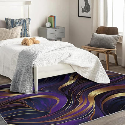 Purple and Gold Rug, 7x9 Rug, Luxury Rugs for Living Room Bedroom, Abstract Large Area Rug, Washable Rug Non Slip Soft Indoor Carpet, Purple and Gold Home & Room Decor