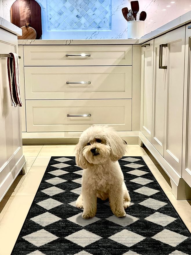 Lahome Washable Kitchen Runner Rug, 2x7 Black and White Hallway Runner Rugs with Rubber Backing Bathroom Runners, Moroccan Trellis Soft Non Slip Stain Resistance Carpet Runners for Entryway Bedside