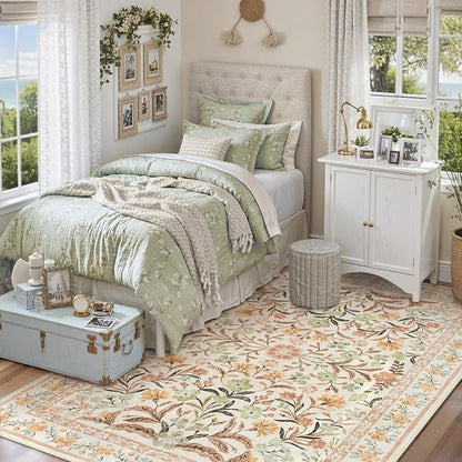 Lahome Fall Boho Washable Area Rugs 5x7 for Bedroom, Bohemian Brown Rugs for Living Room, Soft Floral Thin Carpet for Kids Room Apartment Dorm Home Decor, Ochre Fall