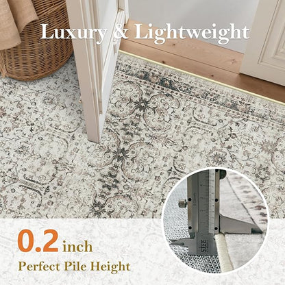 Moynesa Grey Rugs for Living Room 8x10, Vintage Washable Area Rug for Bedroom Dining Room Office, Low Pile Soft Non-Slip Retro Neutral Carpets for Kitchen Indoor Nursery
