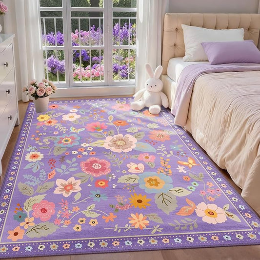 Floral 3x5 Area Rug Machine Washable Soft Print Boho Carpet Non Slip Doormat Low Pile Flower Area Rugs for Living Room Bedroom Nursery Kitchen Dining Room Indoor-Purple/Pink/Multi