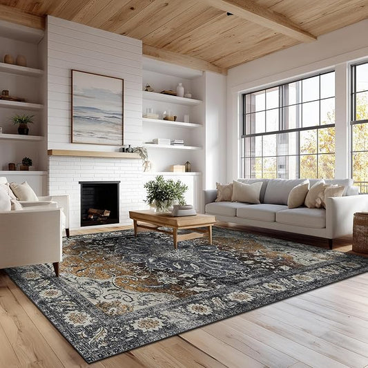 Washable Rugs 5x7 Area Rugs for Living Room, Thin Carpet for Bedroom, Soft Faux Wool Retro Dining Room Rug，Non Slip&Non-Shedding Resistant Low Pile Vintage Print Rug for Home Office (Tan/Gray)