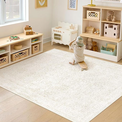 6x9 Area Rugs for Living Room: Washable Vintage Floral Rug Low Pile Non-Slip Boho Carpet for Bedroom Nursery Dining Room (Floral Beige, 6'x9')