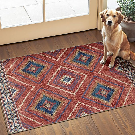 Area Rug 2x3 Rug Machine Washable Non-Slip Low Pile Print Pattern Western Rug for Living Room Bedroom Entryway Tribal Series -Red/Orange