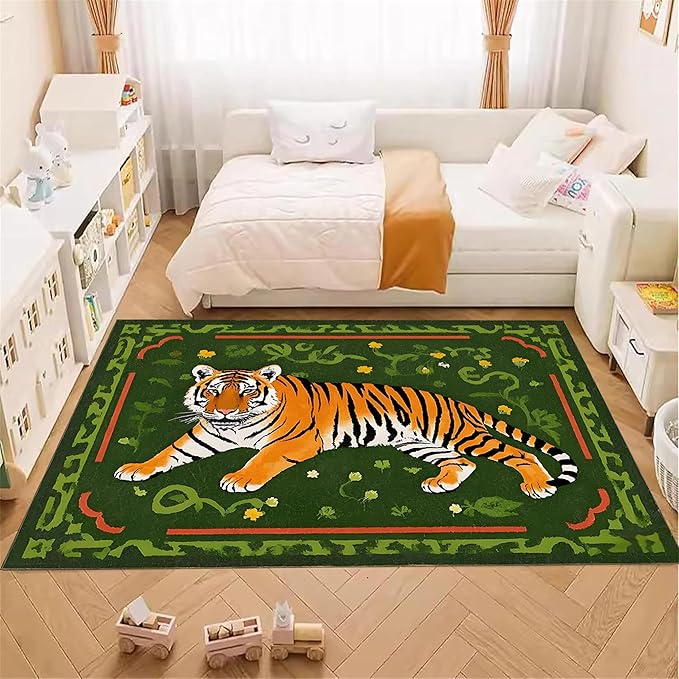 Jungle Tiger Area Rug,4x6ft, Cozy Jungle Style Tiger Print Area Rug Surrounded by Green Plants and Yellow Flowers Washable Animal Rug for Farmhouse Living Room Bedroom Kitchen Kids Room Decor