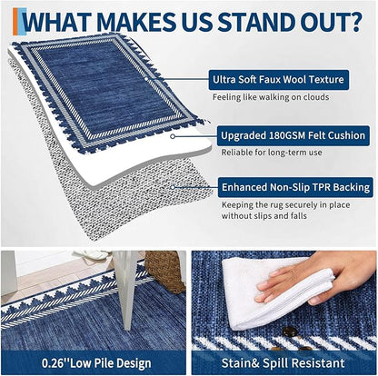Foldable 5x7 Non Slip Area Rugs for Living Room Dining Room Modern Geometric Washable Non-Shedding Soft Indoor Carpet Bordered Printed Stain Resistant Bedroom Low Pile Rugs, Blue