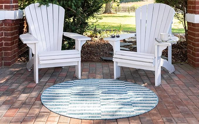 Unique Loom Outdoor Striped Collection Area Rug - Striped (4' 1" Round, Light Aqua/Ivory)