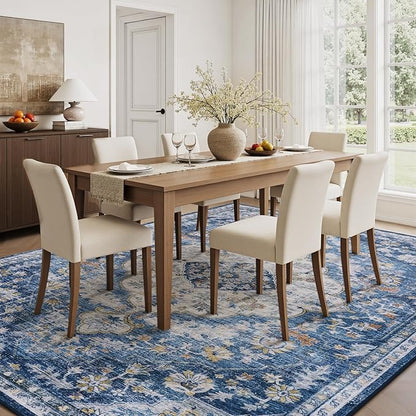 tchdio 5x7 Area Rugs for Living Room, Vintage Non Slip Washable Rug, Soft Low Pile Area Rug Large Floor Indoor Carpet for Bedroom, Dining Room, Office (Blue, 5'x7')