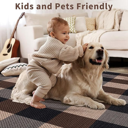 Tangsoo Checkered 4x6 Washable Easy Jute Area Rug for Patio,Non-Slip Black Brown Indoor Outdoor Rug,Modern Throw Mat Ultra Thin Carpet for Front Porch Kitchen Bedroom Foyer