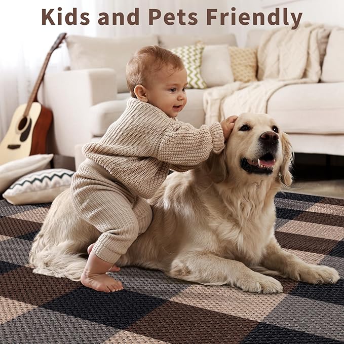 Tangsoo Checkered Easy Jute Rug 5x7 Large Washable Area Rug for Dining Room,Non-Slip Black Brown Indoor Outdoor Rug,Modern Thin Mat Outdoor Carpet for Living Room Bedroom Patio