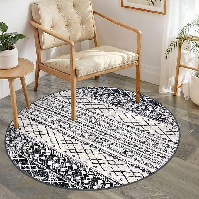 KUTA Round Washable Rug 3Ft Boho Black Navy Blue Entryway Rugs, Moroccan Foyer Kitchen Carpet Non-Slip, Soft Distressed Geometric Low-Pile Circle Throw for Hallway Bedroom Nursery Dorm