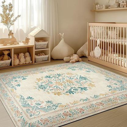 jinchan Floral 5x7 Area Rugs for Nursery - Machine Washable Vintage Distressed Design Soft Ultra-Thin Low-Pile Non-Slip Kids Carpet for Bedroom Living Room Dining Room Home Office (5x7ft, Apricot)