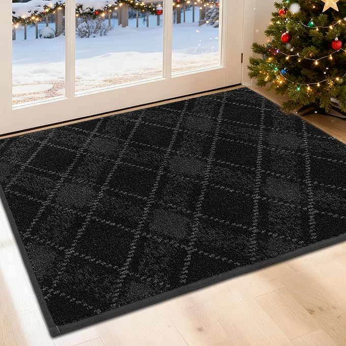 COSY HOMEER Plaid Door Mat 24" x 36",Dirt Trapper Entryway Rugs,Non-Slip Washable Farmhouse Doormat,Low Profile Welcome Mats for Paws Black