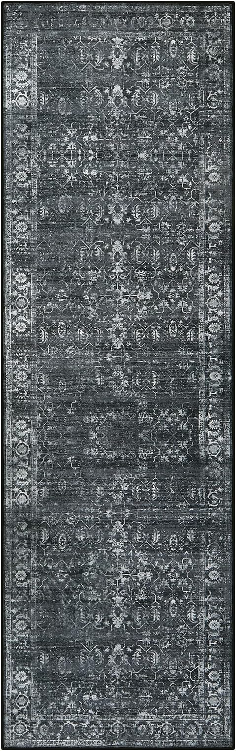 Morebes Black Vintage Rug Runners for Hallway, 2.5x8 Washable Floral Entryway Runner Rug Non Slip, Distressed Indoor Floor Carpet Runner for Kitchen Bathroom Laundry Room Bedroom