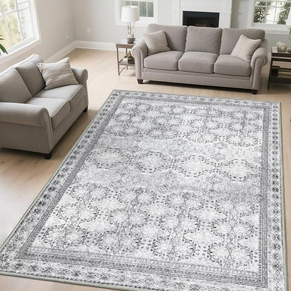 6x9 Washable Area Rug Non Slip, Faded Grey Living Room Rugs Low Pile, Thin Vintage Floral Carpets, Indoor Large Distressed Print Carpet for Bedroom Dining Room Farmhouse Home Office College Dorm