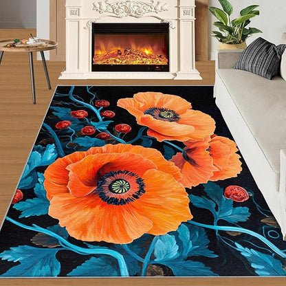2x3 Poppy Rugs for Entryway - Retro Flowers Art Small Area Rugs, Rustic Florals Art Laundry Room Carpet Non Slip Accent Throw Rug for Bathroom Kitchen Sink Front Door