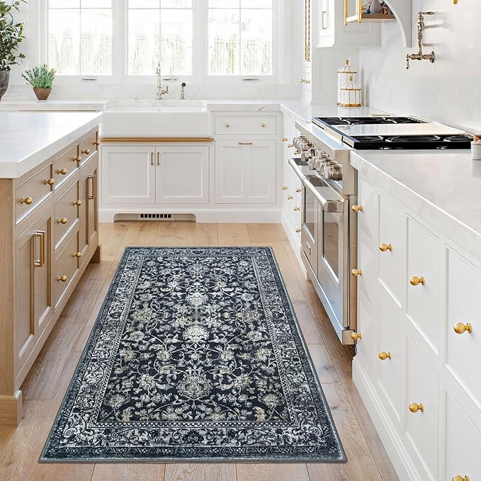 KILOCOCO Area Rug 3x5 Entryway Rug Washable Printed Vintage Floral Rubber Backed Non Slip Indoor Kitchen Rugs for Living Room Laundry Room Playroom Mudroom Moroccan Area Rugs, Navy/Charcoal