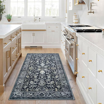 KILOCOCO Area Rug 3x5 Entryway Rug Washable Printed Vintage Floral Rubber Backed Non Slip Indoor Kitchen Rugs for Living Room Laundry Room Playroom Mudroom Moroccan Area Rugs, Navy/Charcoal