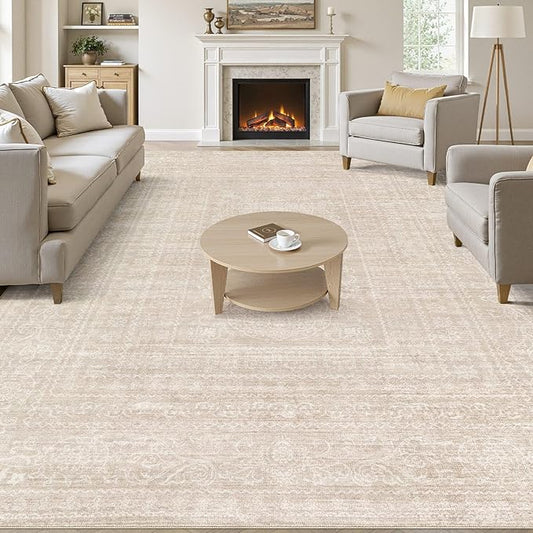 6x9 Area Rugs Living Room: Washable Large Vintage Beige Rug Neutral Non-Slip Soft Stain Resistant Indoor Carpet for Bedroom Nursery Dining Room Under Table Bed Home House Office Playroom